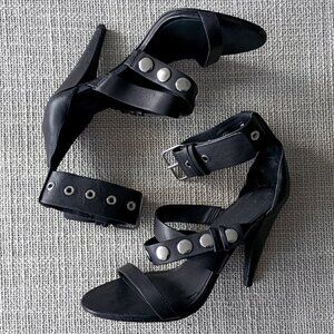 All Saints Manon black studded leather strappy sandals ankle heels Size 39